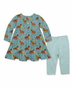 Cheap ✨ Little Millie Nile Blue Pony Up Long-Sleeve Babydoll 👗 Dress & Stripe Leggings - Infant & Toddler For Kids 🔥 -Little Millie-shop zu108793292 alt 2 tm1662661879