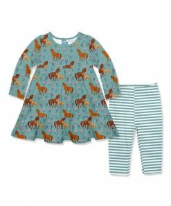 Cheap ✨ Little Millie Nile Blue Pony Up Long-Sleeve Babydoll 👗 Dress & Stripe Leggings - Infant & Toddler For Kids 🔥