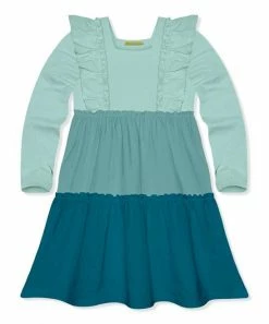 Flash Sale 🎉 Simply Millie By Millie Loves Lily Nile Blue & Teal Color Block Tiered Ruffle-Trim Long-Sleeve A-Line 👗 Dress - 👧 Girls For Kids 🥰