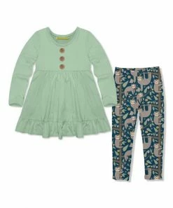 Hot Sale ✨ Millie Loves Lily Sage Button-Front Babydoll Top & Teal Happy Sloths Leggings - Infant, Toddler & 👧 Girls For Kids 🔥
