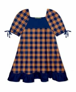Best deal 🧨 Millie Loves Lily Navy & Rust Gingham Ruffle-Hem Puff-Sleeve A-Line 👗 Dress - Toddler For Kids 💯