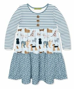 Cheap 🥰 Millie Loves Lily Dusty Blue 🐶 Dog Tiered Button-Front A-Line 👗 Dress - Toddler & 👧 Girls For Kids ❤️