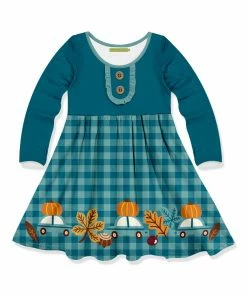 Deals ✔️ Millie Loves Lily Teal Gingham Pumpkin Truck Button-Accent A-Line 👗 Dress - 👧 Girls For Kids ✨
