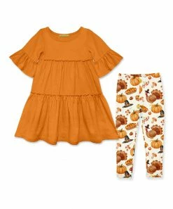 Best Sale ✔️ Millie Loves Lily Orange Tiered Ruffle-Sleeve A-Line 👗 Dress & Cream Pilgrim Party Leggings - Toddler & 👧 Girls For Kids 🎁