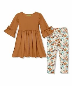 Wholesale ✨ Millie Loves Lily Rust Bow Bell-Sleeve A-Line 👗 Dress & Cream Floral Hazel Leggings - Toddler & 👧 Girls For Kids ⭐