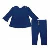 Best Sale 🥰 Little Millie Navy Waffle-Knit Ruffle-Hem Tee & Button-Front Pants - Infant & Toddler For Kids 😍