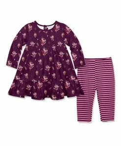 Cheap 🤩 Little Millie Plum Whisper Rose Babydoll 👗 Dress & Pink Stripe Leggings - Infant & Toddler For Kids ⭐