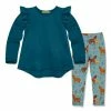 New 🎉 Millie Loves Lily Midnight Ruffle Long-Sleeve Hi-Low Top & Blue Pony Flowers Leggings - Infant, Toddler & 👧 Girls For Kids 🔔