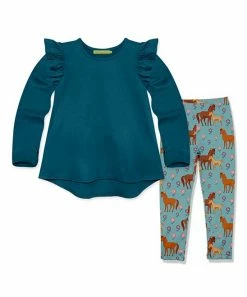 New 🎉 Millie Loves Lily Midnight Ruffle Long-Sleeve Hi-Low Top & Blue Pony Flowers Leggings - Infant, Toddler & 👧 Girls For Kids 🔔