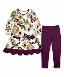 Best deal 👍 Millie Loves Lily Cream Earth Floral Pocket Long-Sleeve A-Line 👗 Dress & Plum Leggings - Infant, Toddler & 👧 Girls For Kids 🔔