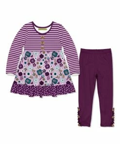 New 🔔 Millie Loves Lily Lilac Double Floral Babydoll Top & Plum Button Leggings - Infant, Toddler & 👧 Girls For Baby & Maternity 👏