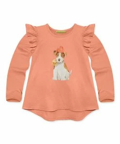 Wholesale ⌛ Simply Millie By Millie Loves Lily Coral Puppy Leaves Ruffle Long-Sleeve Hi-Low Top - 👧 Girls For Kids ❤️