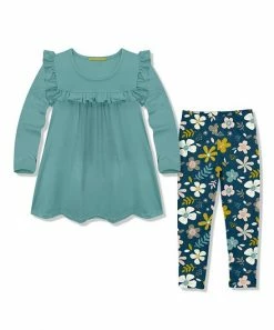 Hot Sale 🔔 Millie Loves Lily Nile Blue Ruffle Long-Sleeve Top & Navy Floral Patch Leggings - Infant, Toddler & 👧 Girls For Kids ✔️