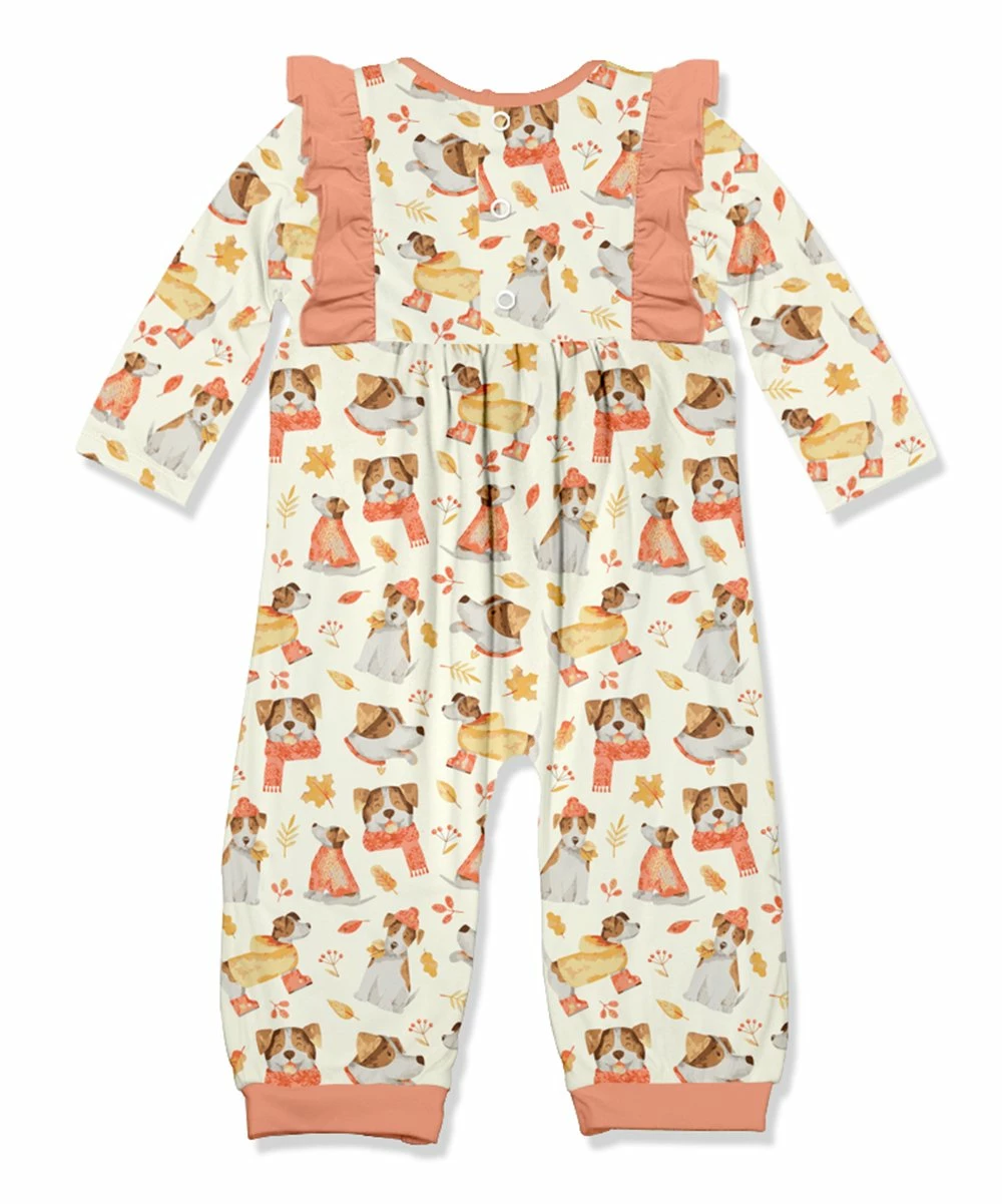 Wholesale π Little Millie Cream & Coral Puppy Leaves Ruffle-Trim Playsuit - Infant & Toddler For Kids π― 3 Wholesale π Little Millie Cream & Coral Puppy Leaves Ruffle-Trim Playsuit - Infant & Toddler For Kids π― - Image 3