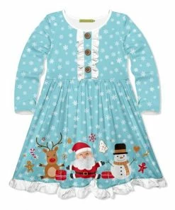 Discount 😍 Millie Loves Lily Aqua & White Snowflake Santa Friends Button-Front A-Line 👗 Dress - Infant For Kids ✨