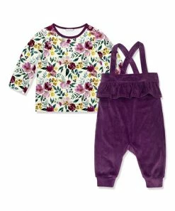 Best deal 😉 Little Millie Cream Fall Petals Button-Snap Tee & Plum Velour Ruffle Overalls - Infant & Toddler For Kids 🔔