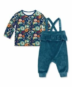 Best deal 😍 Little Millie Navy Famous Floral Tee & Midnight Velour Ruffle Overalls - Infant & Toddler For Kids 🎁