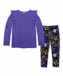Flash Sale 🔔 Millie Loves Lily Blue Iris Ribbed Ruffle Top & Navy Winter Foliage Leggings - Infant, Toddler & 👧 Girls For Kids 🌟