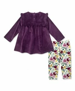 Best deal 🎁 Little Millie Plum Velour Ruffle-Accent Tunic & Cream Fall Petals Leggings - Infant & Toddler For Kids 🧨 -Little Millie-shop zu109427867 alt 2 tm1665585714