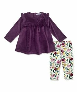 Best deal 🎁 Little Millie Plum Velour Ruffle-Accent Tunic & Cream Fall Petals Leggings - Infant & Toddler For Kids 🧨