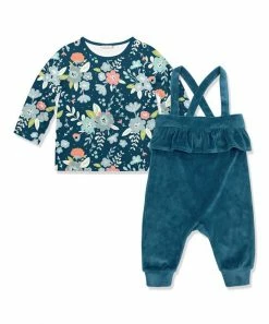 Flash Sale 🧨 Little Millie Midnight Tiffany Floral Button-Snap Tee & Velour Ruffle Overalls - Infant & Toddler For Kids 🎉