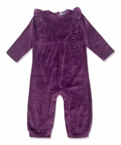New 🔔 Little Millie Plum Ribbed Velour Ruffle-Trim Playsuit - Infant & Toddler For Kids 🌟