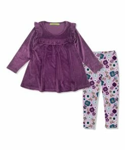 Hot Sale 😍 Millie Loves Lily Plum Ribbed Velour Ruffle Babydoll Top & Double Floral Leggings - Infant, Toddler & 👧 Girls For Kids 😍