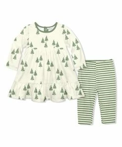 Coupon 💯 Little Millie Cream 🔔 Christmas Trees Babydoll 👗 Dress & Green Stripe Leggings - Infant For Kids 😍