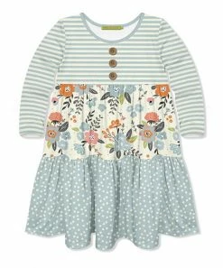 Best deal ✔️ Millie Loves Lily Nile Blue & Cream Floral Stripe Tiered Tiffany Button-Front 👗 Dress - Toddler & 👧 Girls For Kids 🎁