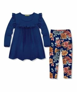 New π Millie Loves Lily Navy Ruffle-Accent Long-Sleeve Top & Navy Autumn Florals Leggings - Infant, Toddler & π§ Girls For Kids π§¨