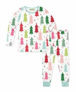 Best Sale 😍 Millie Loves Lily White & Mint Holiday Tree Forest Long-Sleeve Pajama Set - Toddler & 👧 Girls For Kids 🧨