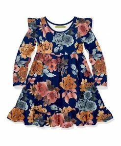 Budget ✨ Millie Loves Lily Navy & Coral Red Autumn Floral Long Sleeve A-Line 👗 Dress - Infant, Toddler & 👧 Girls For Kids 😍