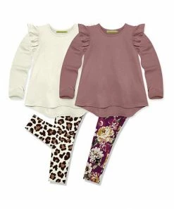 Flash Sale ⌛ Millie Loves Lily Cream & Plum Leopard Floral Leggings Set - Infant, Toddler & 👧 Girls For Kids 🔔