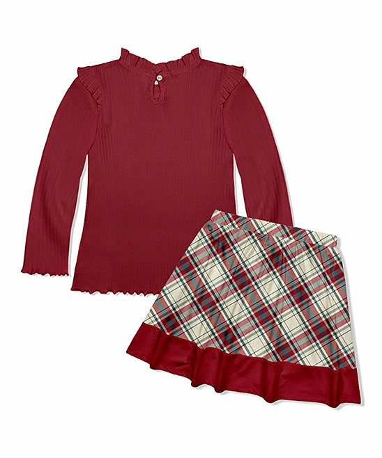 Outlet π Millie Loves Lily Red Ribbed Long-Sleeve Top & Plaid A-Line π Skirt - π§ Girls For Kids π 2 Outlet π Millie Loves Lily Red Ribbed Long-Sleeve Top & Plaid A-Line π Skirt - π§ Girls For Kids π - Image 2