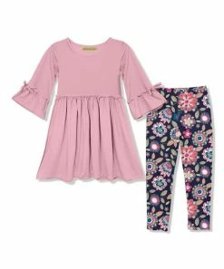 Coupon 😀 Millie Loves Lily Dusty Pink Bow-Sleeve A-Line 👗 Dress & Floral Emeline Leggings - Infant, Toddler & 👧 Girls For Kids 🌟