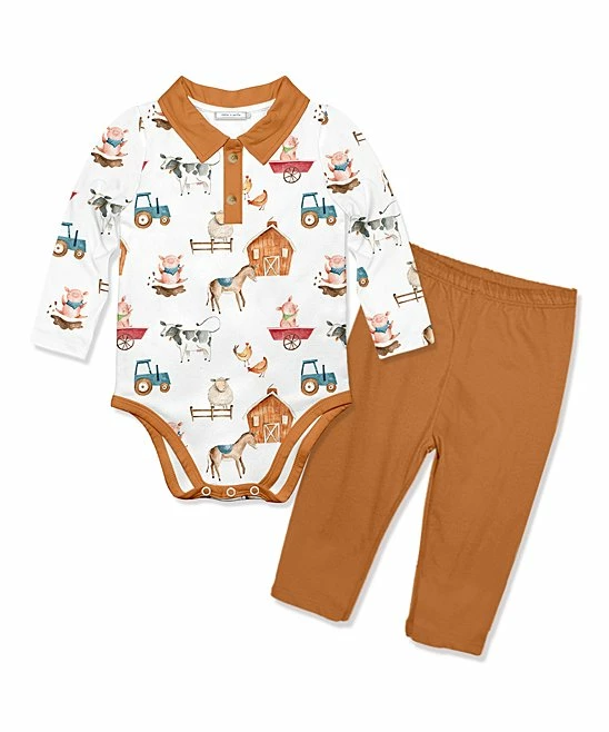 New π€© Little Millie White Farm Life Collared Long-Sleeve Bodysuit & Rust Leggings - Infant For Baby & Maternity π 1 New π€© Little Millie White Farm Life Collared Long-Sleeve Bodysuit & Rust Leggings - Infant For Baby & Maternity π