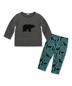 Best Pirce 🎉 Little Millie Charcoal Heather Bear Long-Sleeve Tee & Teal Mountaineer Leggings - Infant & Toddler For Kids ⭐