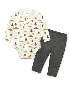 Best Pirce 🛒 Little Millie Cream Mountains Collared Long-Sleeve Bodysuit & Charcoal Heather Leggings - Infant For Baby & Maternity 😀