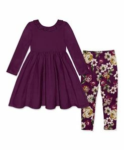 Hot Sale 🛒 Millie Loves Lily Plum Long-Sleeve A-Line 👗 Dress & Floral Earth Leggings - Infant, Toddler & 👧 Girls For Kids ❤️
