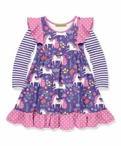Budget 🔔 Millie Loves Lily Purple & Pink Polka Dot Magic Unicorn Angel-Sleeve 👗 Dress - Infant, Toddler & 👧 Girls For Kids ✔️