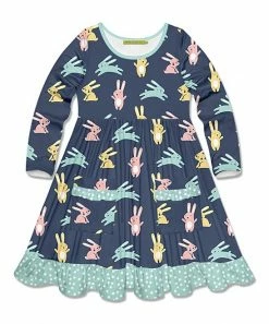 Deals 😉 Millie Loves Lily Gray-Blue & Mint Bunny Dance Pocket Long-Sleeve A-Line 👗 Dress - Infant, Toddler & 👧 Girls For Kids 😀