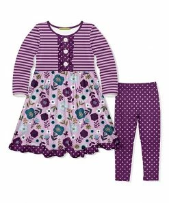 Budget 🧨 Millie Loves Lily Lavender Floral Button-Accent A-Line 👗 Dress & Purple Polka Dot Leggings - Infant, Toddler & 👧 Girls For Kids ✨