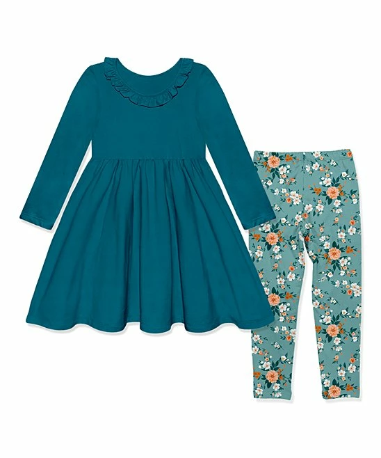 Budget π₯ Millie Loves Lily Teal Long-Sleeve A-Line π Dress & Mint Floral Garden Leggings - Infant, Toddler & π§ Girls For Kids π 2 Budget π₯ Millie Loves Lily Teal Long-Sleeve A-Line π Dress & Mint Floral Garden Leggings - Infant, Toddler & π§ Girls For Kids π - Image 2