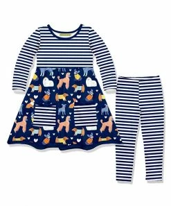 Flash Sale ⌛ Millie Loves Lily Navy Kitty Cats Pocket A-Line 👗 Dress & Stripe Leggings - Infant, Toddler & 👧 Girls For Kids 🤩