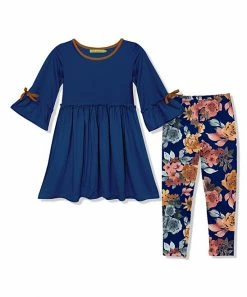 Cheapest 🧨 Millie Loves Lily Navy Bow Bell-Sleeve A-Line 👗 Dress & Autumn Florals Leggings - Infant, Toddler & 👧 Girls For Kids 😀