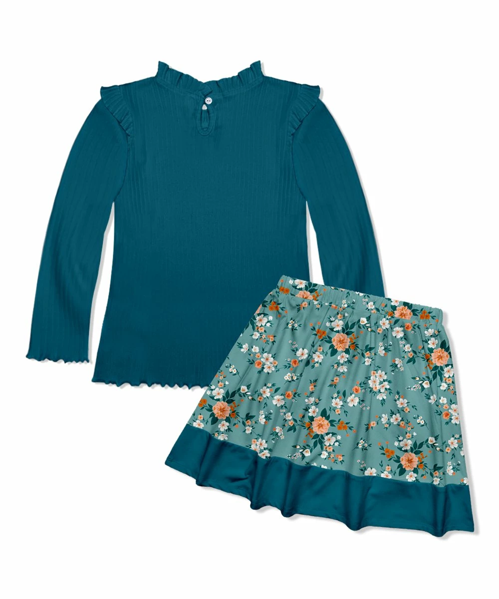 Hot Sale π Millie Loves Lily Midnight Ribbed Long-Sleeve Top & Aqua Floral Garden A-Line π Skirt - Toddler & π§ Girls For Kids π 3 Hot Sale π Millie Loves Lily Midnight Ribbed Long-Sleeve Top & Aqua Floral Garden A-Line π Skirt - Toddler & π§ Girls For Kids π - Image 3