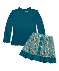 Hot Sale 👍 Millie Loves Lily Midnight Ribbed Long-Sleeve Top & Aqua Floral Garden A-Line 👗 Skirt - Toddler & 👧 Girls For Kids 😀