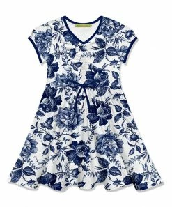 Budget ⌛ Millie Loves Lily Navy & White Toile Floral Bow-Waist Cap-Sleeve A-Line 👗 Dress - Infant, Toddler & 👧 Girls For Kids 👍