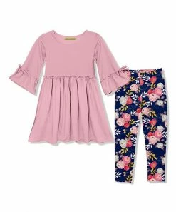 Best Pirce 🔔 Millie Loves Lily Dusty Pink Bow-Sleeve A-Line 👗 Dress & Girl Flower Leggings - Infant, Toddler & 👧 Girls For Kids 💯