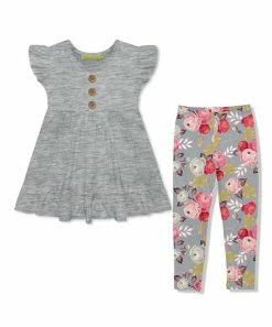 Brand new β€οΈ Millie Loves Lily Heather Gray Angel-Sleeve Babydoll Top & Girl Flower Leggings - Infant, Toddler & π§ Girls For Kids π